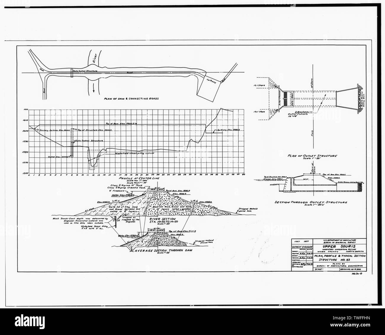 PLAN, Profil et structure typique de l'article no 83. 16 juillet 1937 - La Souris National Wildlife Refuge, 83 barrage, bassin de la rivière Souris, Foxholm, comté de Ward, ND Banque D'Images