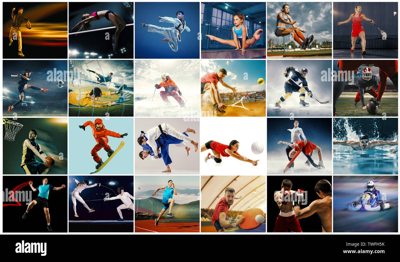 Collage créatif composé de photos de 26 modèles. Tennis, badminton, running, natation, basket-ball, handball, volley-ball, football américain, rugby joueurs de hockey tennis snowboard in motion Banque D'Images