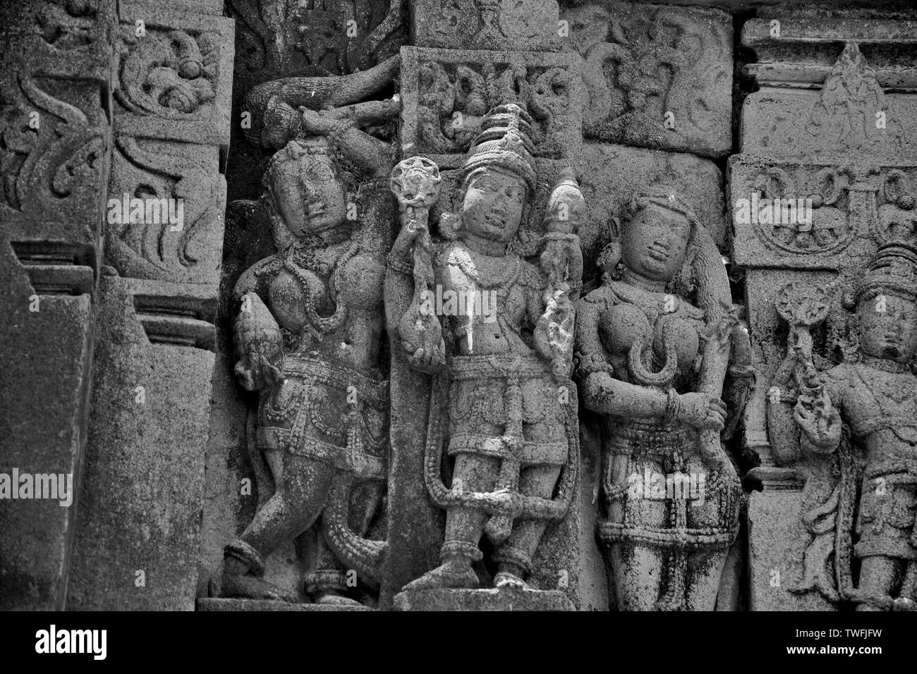 Les idoles sculptées sur le mur extérieur d'un temple, près de l'Palasdev Ujani Temple, barrage, Maharashtra, Inde Banque D'Images