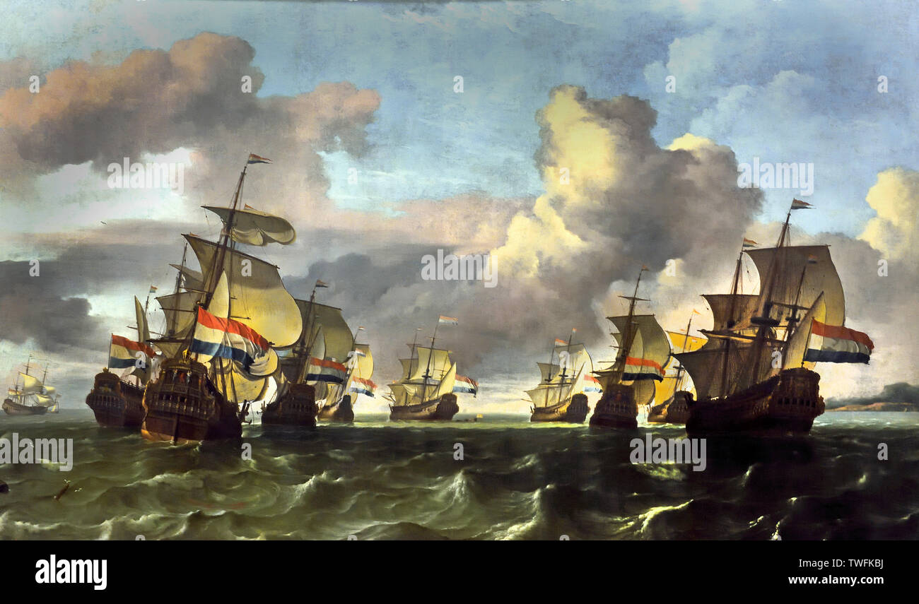 Le retour de la flotte de la Dutch East Indies Company Ludolf Bakhuizen - 1630 - 1708 , l'allemand, le néerlandais, les Pays-Bas peintre, dessinateur, un calligraphe, il a été le premier peintre de sujets maritimes. Banque D'Images