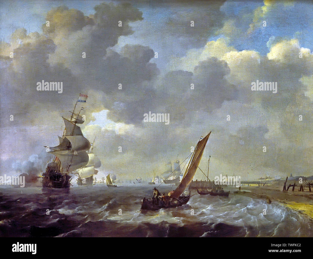 Bateaux néerlandais sur une côte sableuse Ludolf Bakhuizen - 1630 - 1708 , l'allemand, le néerlandais, les Pays-Bas peintre, dessinateur, un calligraphe, il a été le premier peintre de sujets maritimes. Banque D'Images