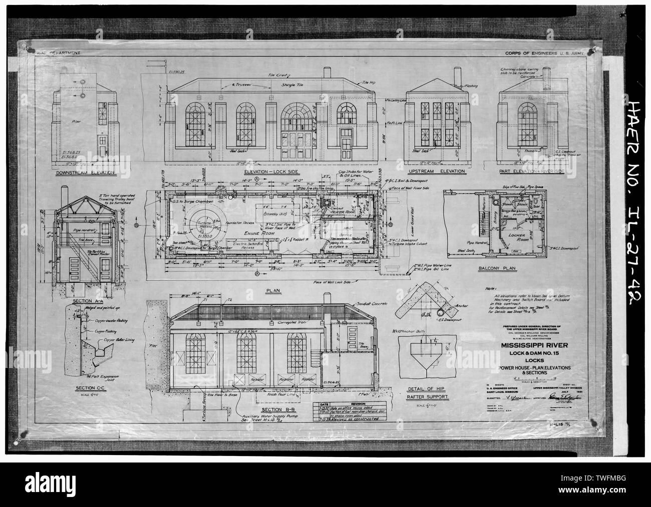 Maison du pouvoir, de plans, élévations et sections. Juillet 1931 - Mississippi River 9 pieds, projet de canal et de la digue de la rivière Mississipi supérieur, 15 Arsenal (Island), Rock Island, Rock Island Comté, IL ; U.S. Army Corps of Engineers ; S.A. Healy Company ; Merrit-Chapman-Whitney ; société ; Lenvik comédien Ylvisaker, Piel, John H ; McCormick, Herbert Banque D'Images