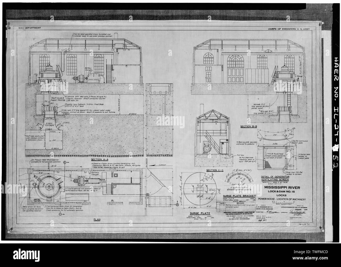 Maison du pouvoir-LOCATION DE MACHINERIE. Juillet 1931 - Mississippi River 9 pieds, projet de canal et de la digue de la rivière Mississipi supérieur, 15 Arsenal (Island), Rock Island, Rock Island Comté, IL ; U.S. Army Corps of Engineers ; S.A. Healy Company ; Merrit-Chapman-Whitney ; société ; Lenvik comédien Ylvisaker, Piel, John H ; McCormick, Herbert Banque D'Images