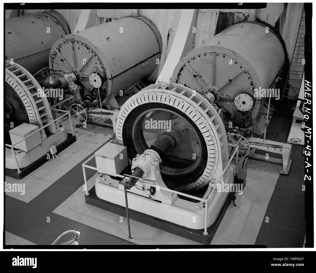 Les générateurs de la centrale -3 et -4 (de droite à gauche) - Barrage Milltown, Powerhouse, Clark Fork River, 6 milles en amont de Missoula, Milltown, Comté de Missoula, MT Banque D'Images