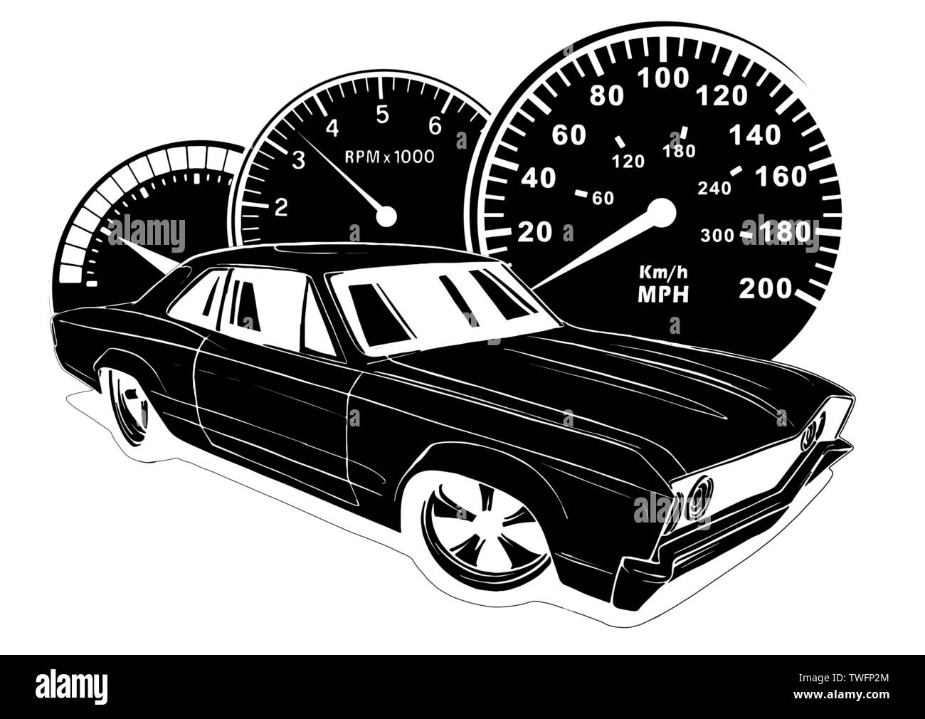 Muscle Car Retro illustration vectorielle. Vintage poster de reto voiture. Mobile vieux isolé sur blanc. Illustration de Vecteur