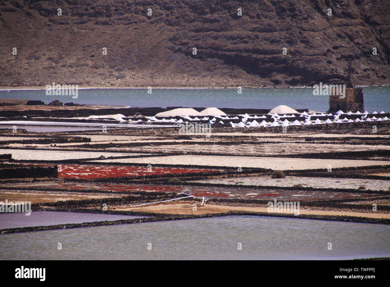 Lanzarote - Salinas de Janubio : vue panoramique sur les piscines artificielles pour l'extraction de sel de l'océan Atlantique Banque D'Images