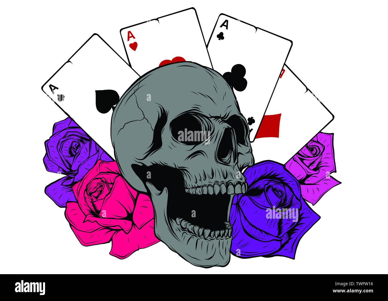 Les as du poker et les roses avec crâne, grunge vintage vector Illustration de Vecteur