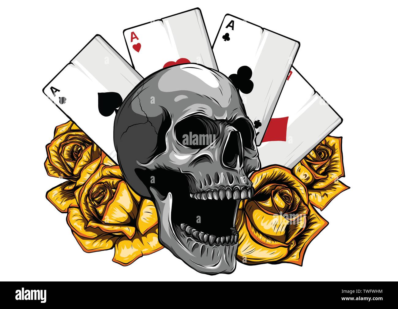Les as du poker et les roses avec crâne, grunge vintage vector Illustration de Vecteur