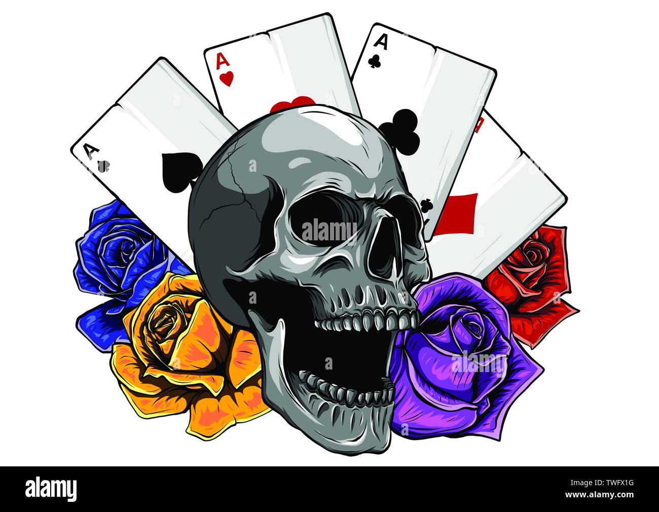 Les as du poker et les roses avec crâne, grunge vintage vector Illustration de Vecteur