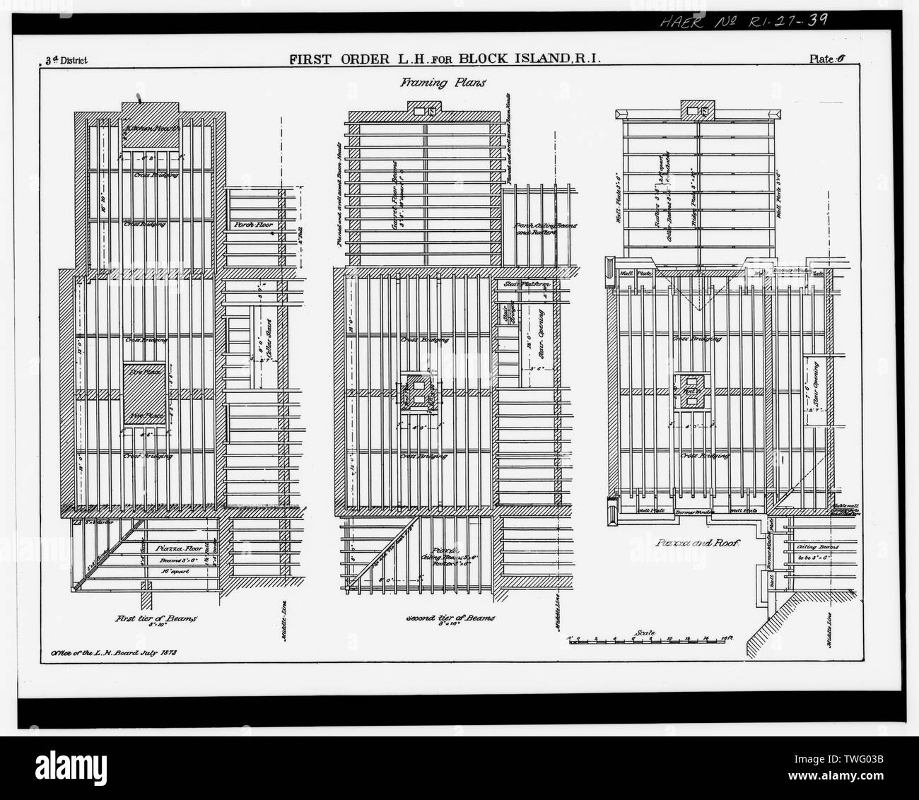 Planche 6 - Plans de charpente au sud-est de l'île de bloc Lumière, Spring Street et Mohegan Trail à Mohegan Bluffs, New Shoreham, comté de Washington, RI ; Ball, Nicholas ; Woodruff, J C ; Tynan, T H ;,Paulding Kemble et Société ; Bailey et Debevoise Banque D'Images