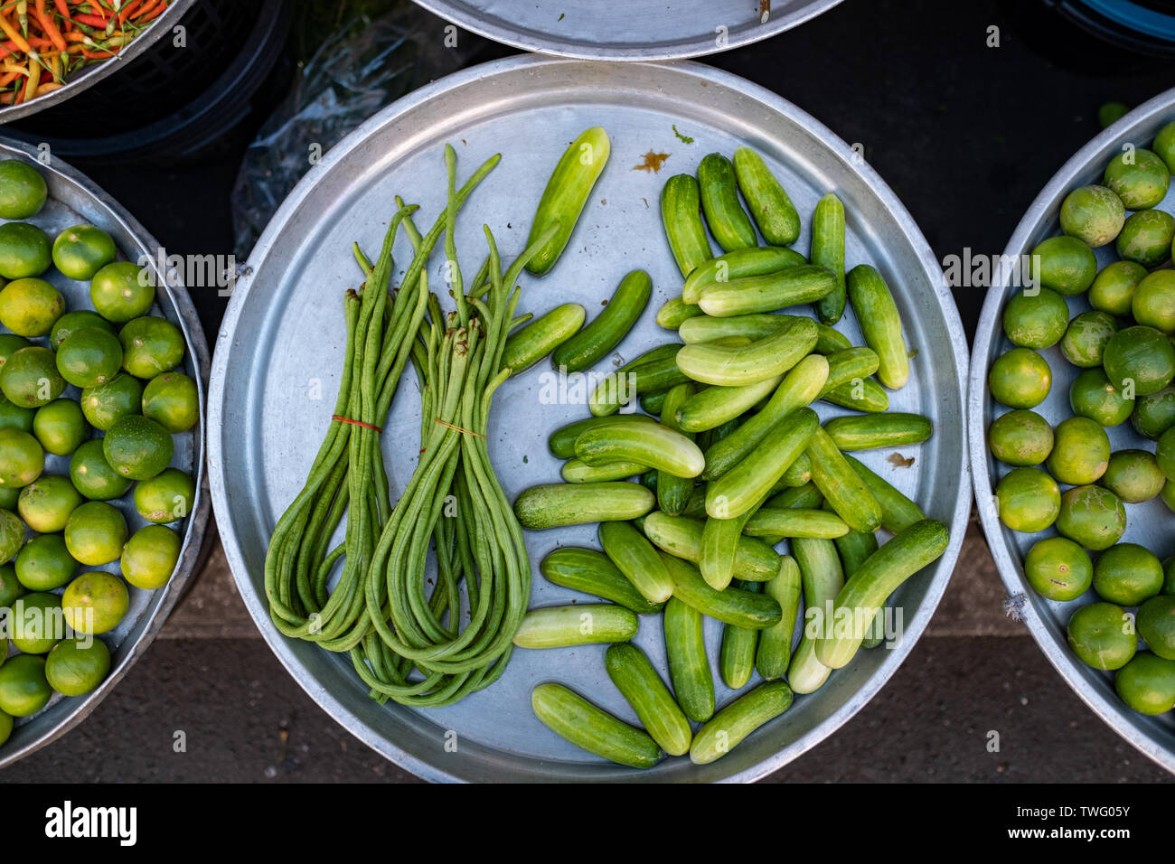 Vue aérienne de haricots, concombres, des limes et des piments, Thaïlande Banque D'Images