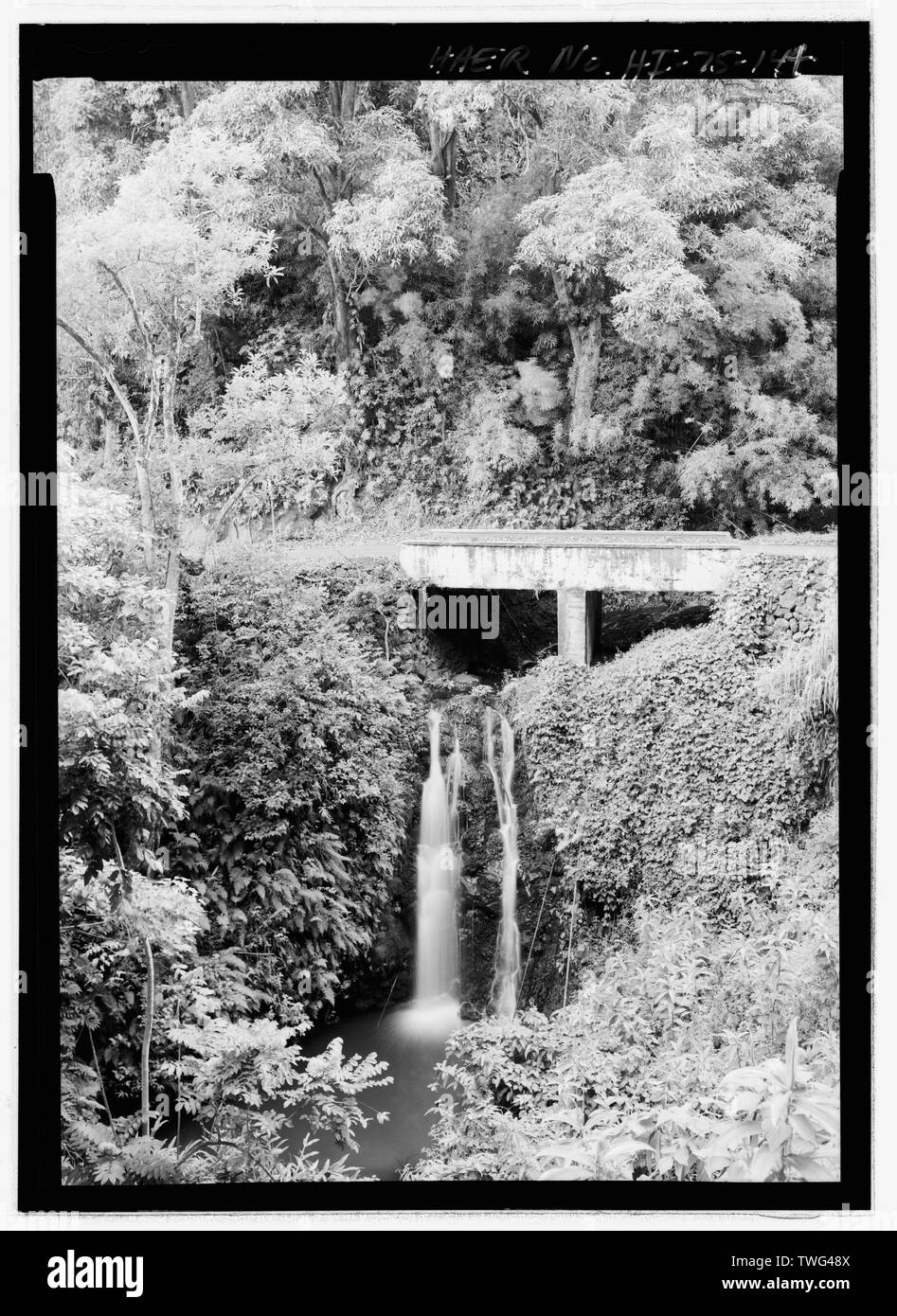 Pua'alu'u pont et cascade, MM 42,5 - Hana Belt Road, entre haïku et Kaipahulu, Hana Maui, HI, Comté Banque D'Images