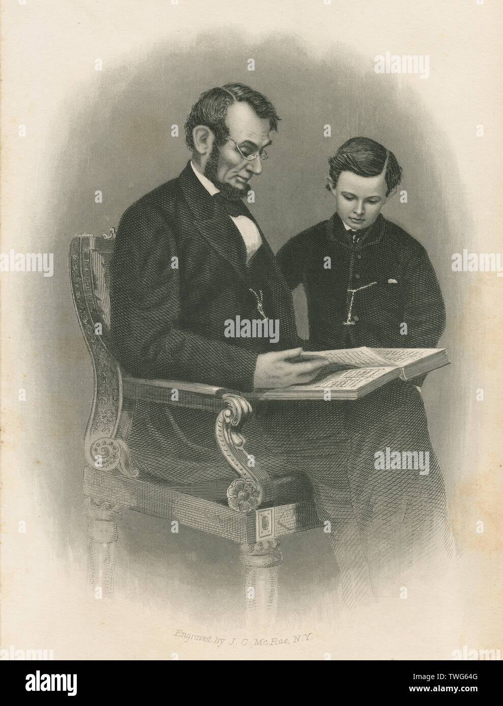 Meubles anciens 1873 gravure sur acier, à partir de la célèbre photographie de 1864 Le président Abraham Lincoln la lecture avec son fils Tad. SOURCE : gravure originale Banque D'Images