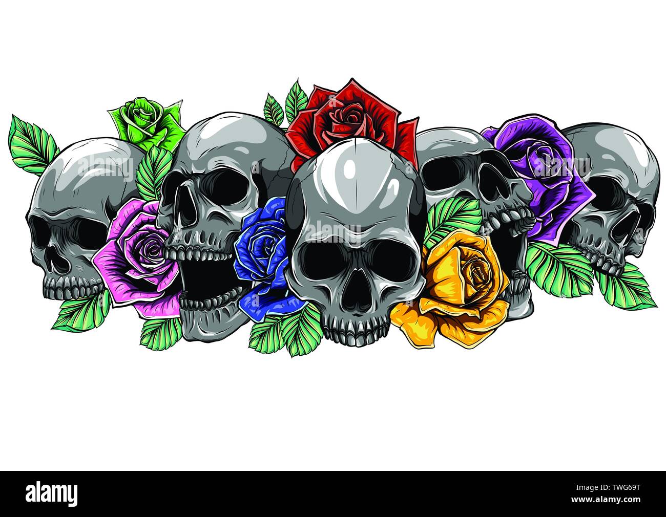 Crâne avec roses centifolia par tatouage dessin à la main.L'art du tatouage japonais très détaillées dans le style d'art de la ligne. Illustration de Vecteur