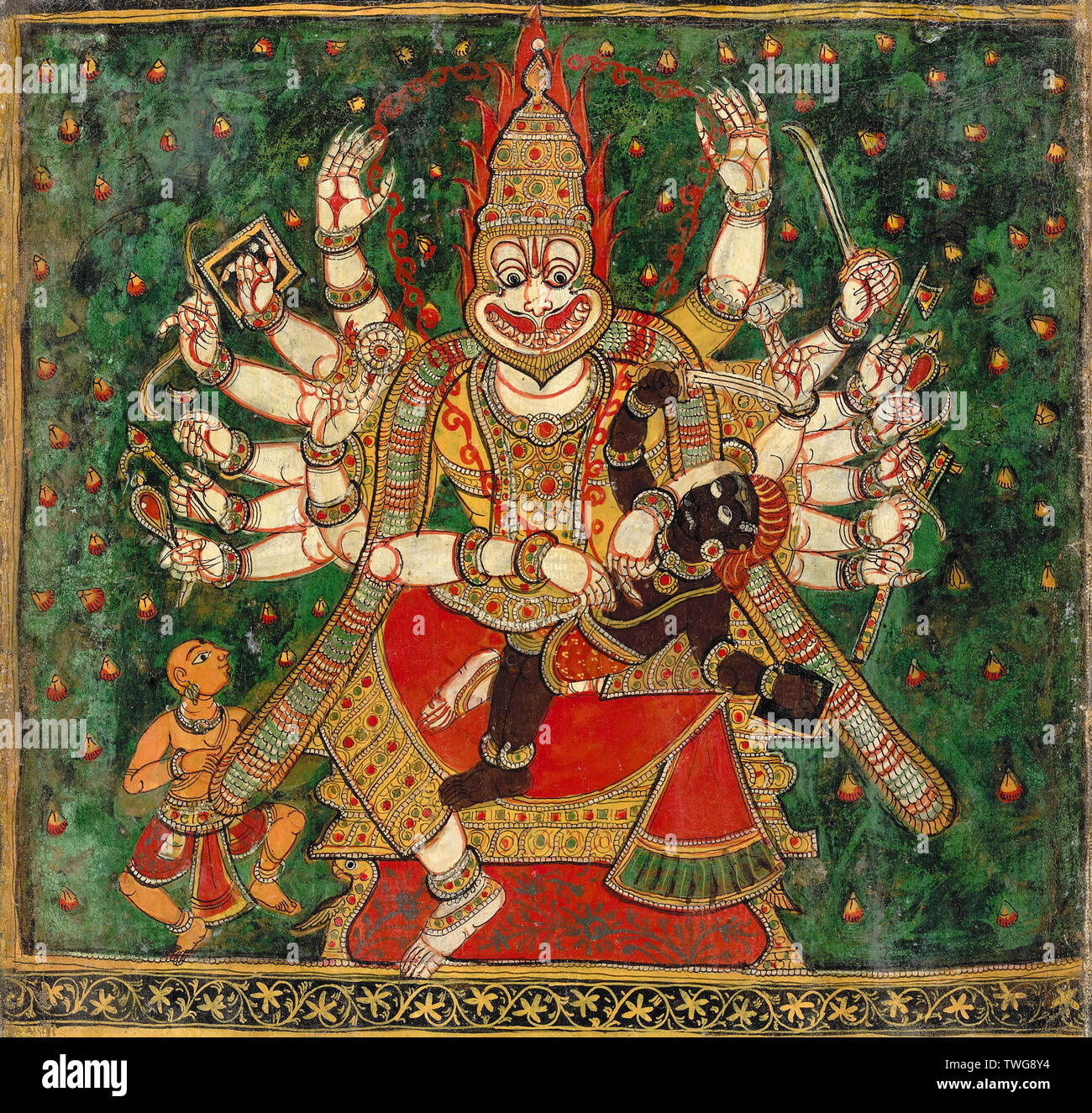 Narasimha, créature mixte avatar du dieu hindou Vishnu incarné dans le cadre lion et l'homme illustré ici partie éventrer Hiranyakashipu et levant la entrailles comme Prahlada montres bas à gauche. Peinture à l'huile copiée de l'original à la copie de l'original en l'Brahmanical pagode. Karnataka, Inde vers 1780-89. Banque D'Images