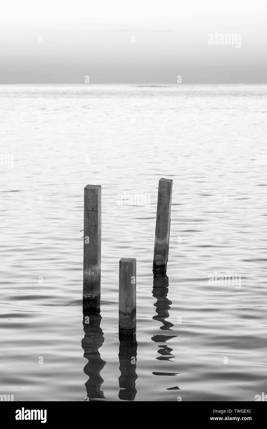 Paysage de l'océan avec le minimalisme des pylônes en bois design en noir et blanc Banque D'Images