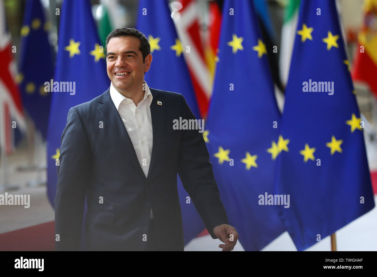 (190620) -- Bruxelles, le 20 juin 2019 (Xinhua) -- Le Premier ministre grec Alexis Tsipras arrive pour l'été de l'UE Sommet européen de Bruxelles, Belgique, le 20 juin 2019. (Xinhua/Zhang Cheng) Banque D'Images