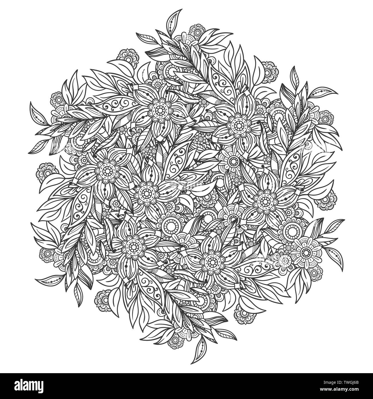 Des profils coloriage avec motif fleurs. Doodle noir et blanc guirlande. Floral mandala. L'art de la ligne Bouquet illustration isolé sur fond blanc. Élément de design ronde Illustration de Vecteur
