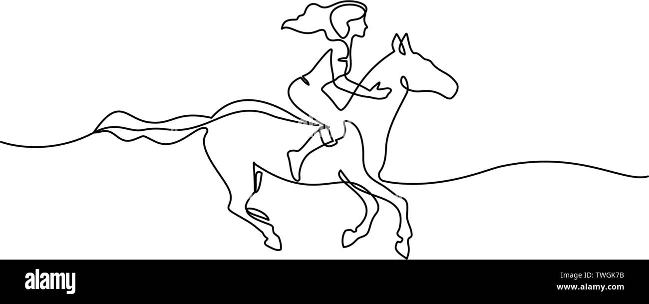 Une ligne continue dessin. woman riding a horse. Vector illustration noir et blanc. Concept de logo, bannière, carte, affiche, flyer Illustration de Vecteur