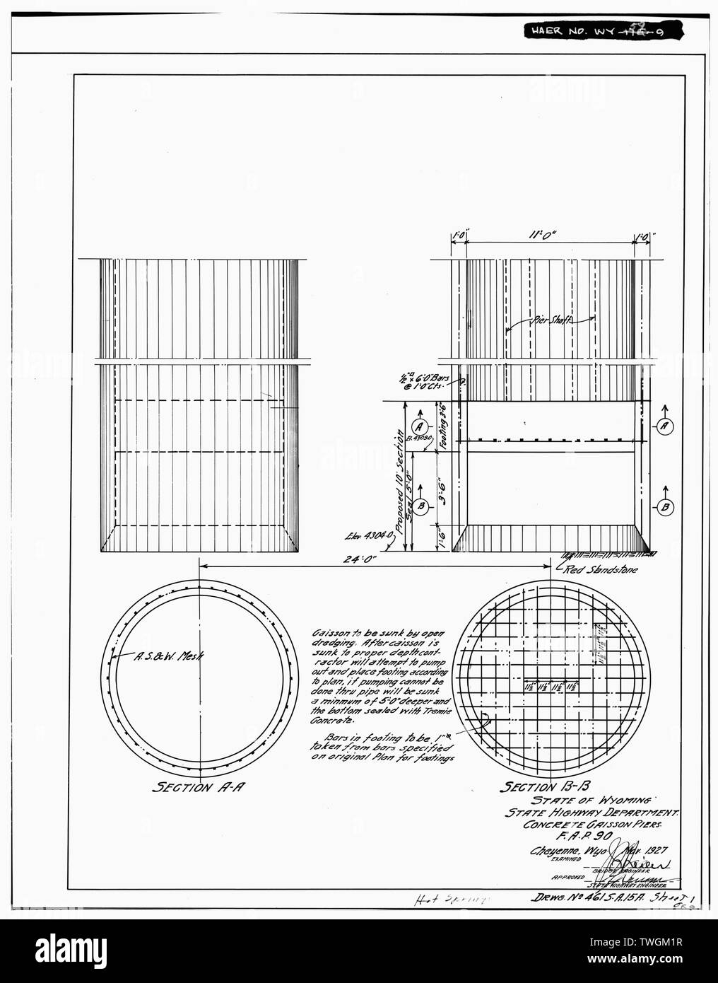 Caissons EN BÉTON RÉVISÉ PIER DÉTAIL - Quatre Mile Bridge, enjambant la rivière Big Horn sur la route de comté no 173, Thermopolis, Hot Springs Comté, WY ; Smith, Charles M ; Ministère de l'autoroute de l'État de Wyoming Banque D'Images