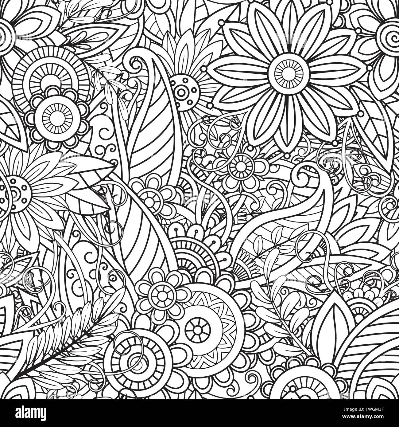 Hand drawn seamless pattern avec feuilles et fleurs. Ornement floral Doodles. Le noir et blanc des éléments décoratifs. Parfait pour le papier peint, des profils des livres de coloriage, l'arrière-plan de la page web, des textures de surface. Illustration de Vecteur