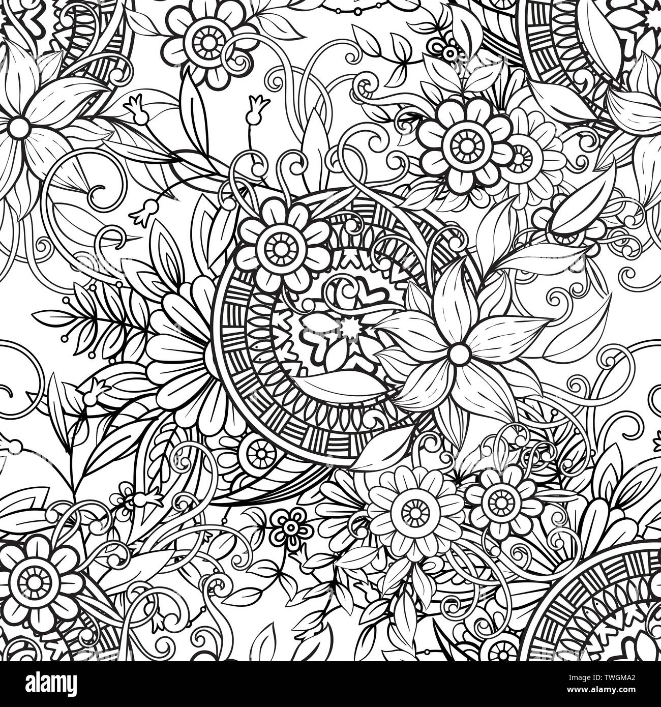 Motif transparent floral en noir et blanc. Livre de coloriage adultes page avec des fleurs et des mandalas. Hand drawn vector illustration. Doodles contexte Illustration de Vecteur Motif transparent floral en noir et blanc. Livre de coloriage adultes page avec des fleurs et des mandalas. Hand drawn vector illustration. Doodles contexte Illustration de Vecteur