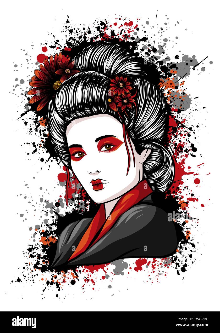 Belle Geisha rouge détient d'illustration vectorielle du ventilateur. Illustration de Vecteur