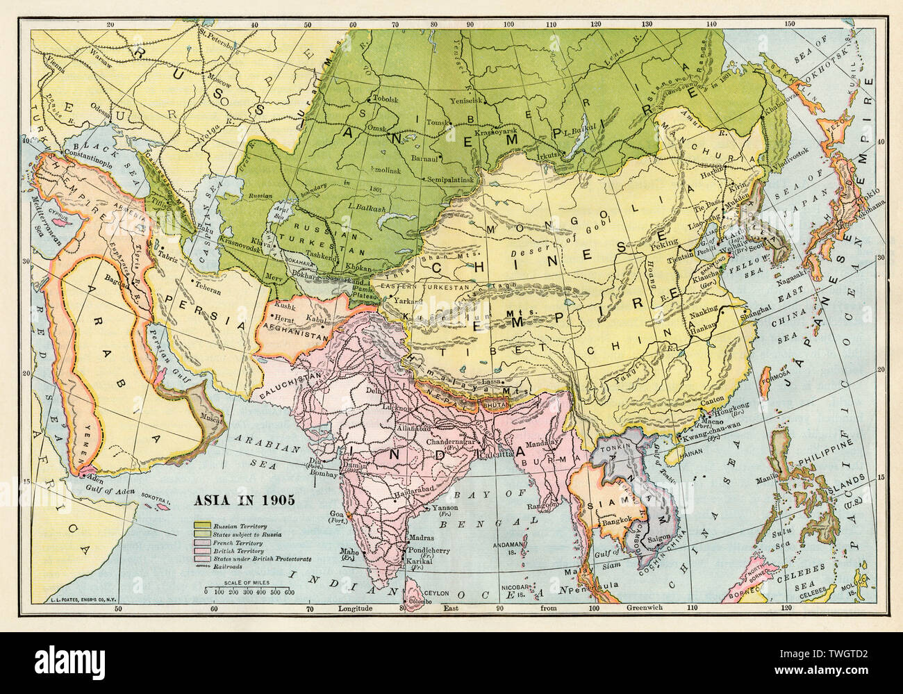 Carte de l'Asie en 1905. Lithographie couleur Banque D'Images