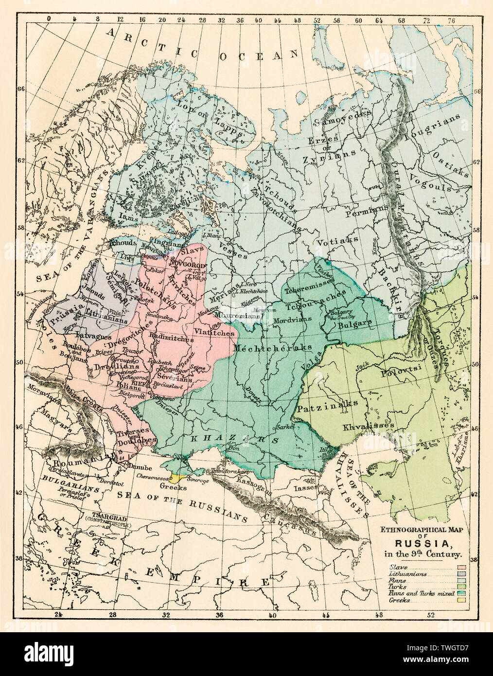 Carte ethnographique de la Russie Au ixe siècle. Lithographie couleur Banque D'Images