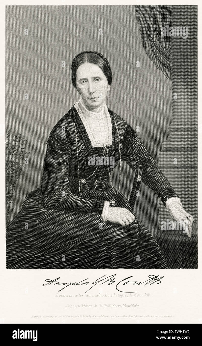 Angela Burdett-Coutts (1814-1906), 1e La Baronne Burdett-Coutts, héritière et philanthrope anglais, Assis Portrait, gravure sur acier, Musée du Portrait d'éminents hommes et femmes de l'Europe et l'Amérique par Evert A. Duyckinck, publié par Henry J. Johnson, Johnson, Wilson & Company, New York, 1873 Banque D'Images