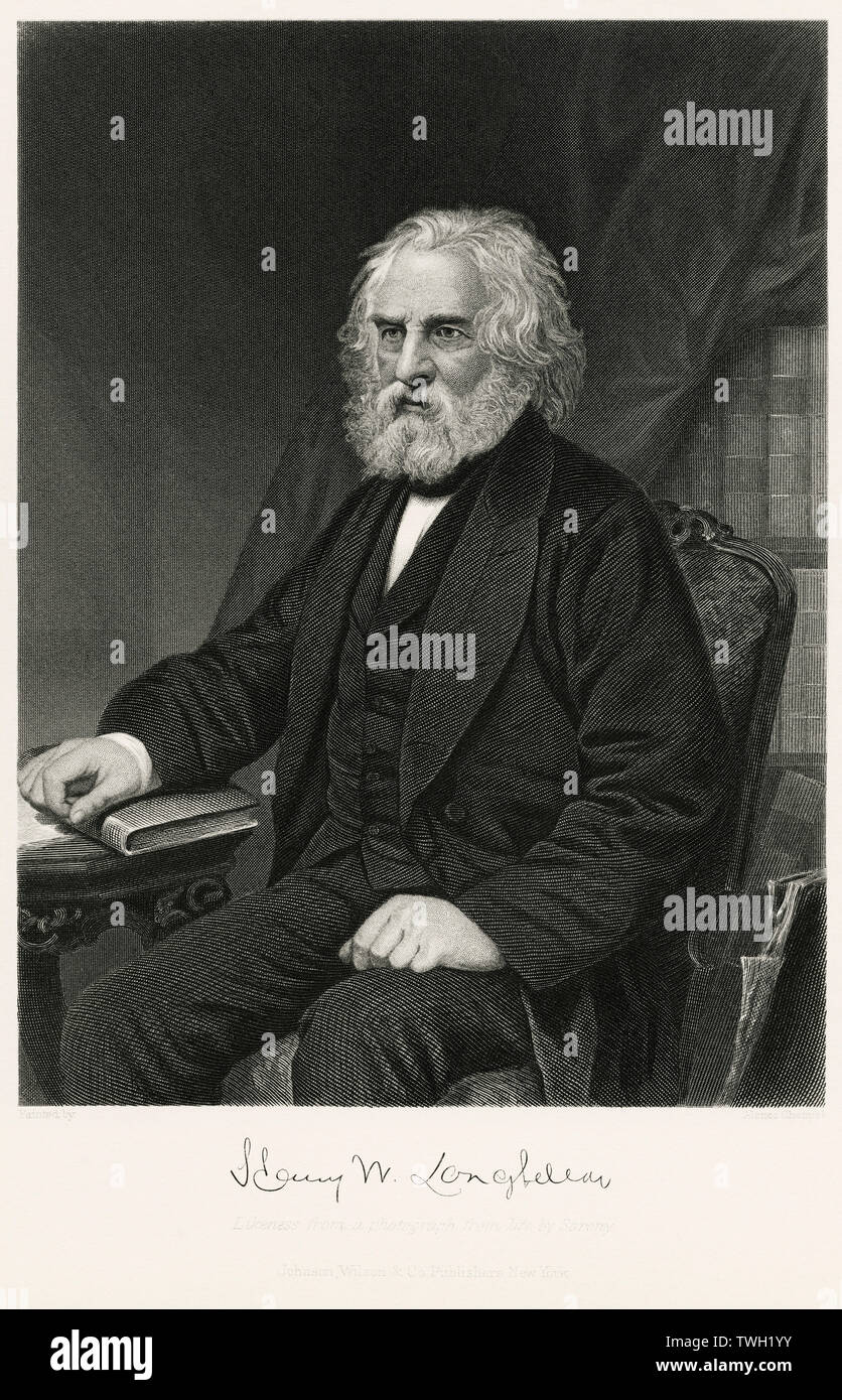 Henry Wadsworth Longfellow (1807-82), poète américain et éducateur, Assis Portrait, gravure sur acier, Musée du Portrait d'éminents hommes et femmes de l'Europe et l'Amérique par Evert A. Duyckinck, publié par Henry J. Johnson, Johnson, Wilson & Company, New York, 1873 Banque D'Images