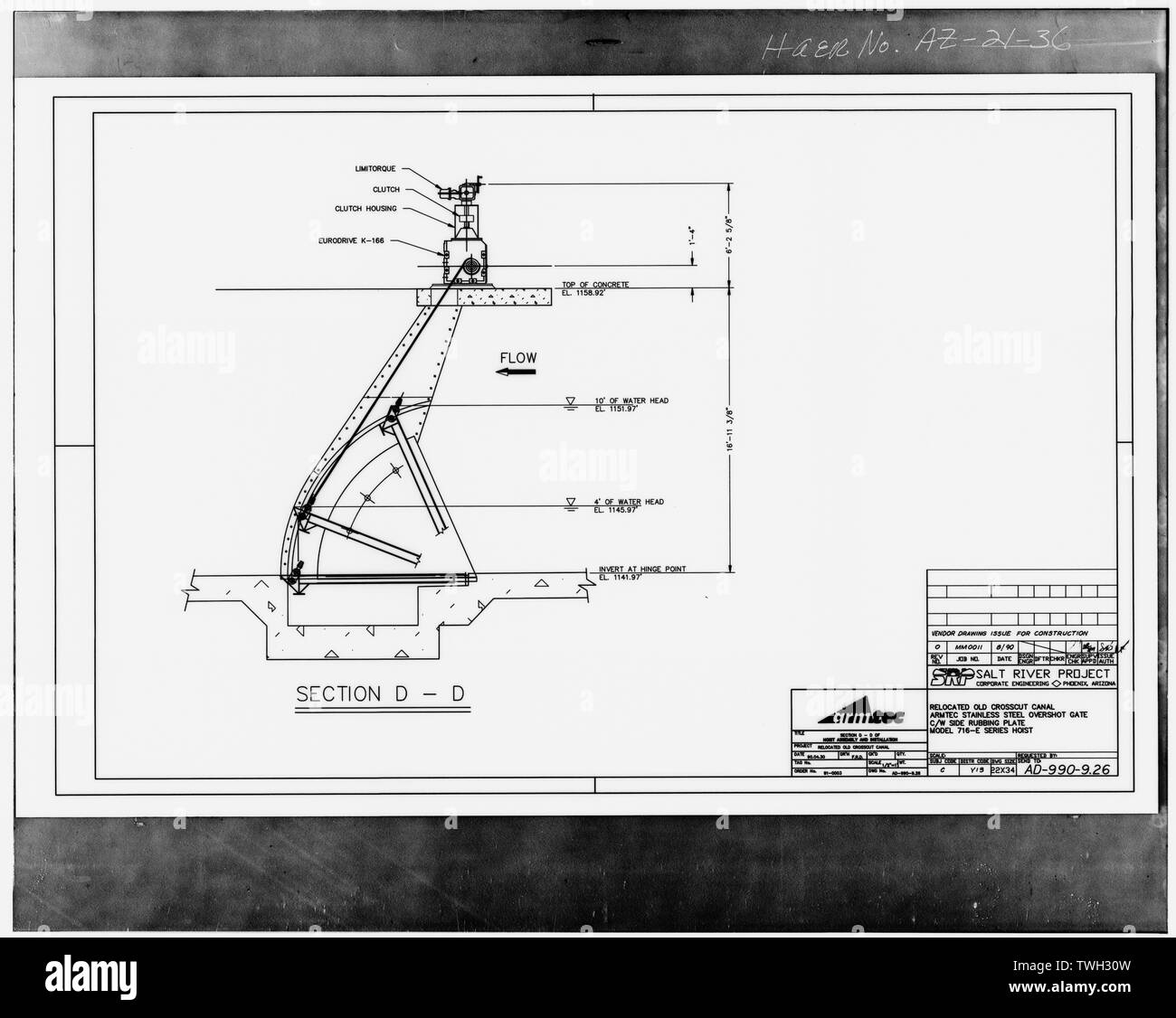 Vieille scie relocalisée, tambour d'Armtec Gate, coupe D-D, août 1990. Source- Salt River Project. - Ancien Canal St, Côté Nord de la Rivière Salée, Phoenix, comté de Maricopa, AZ Banque D'Images