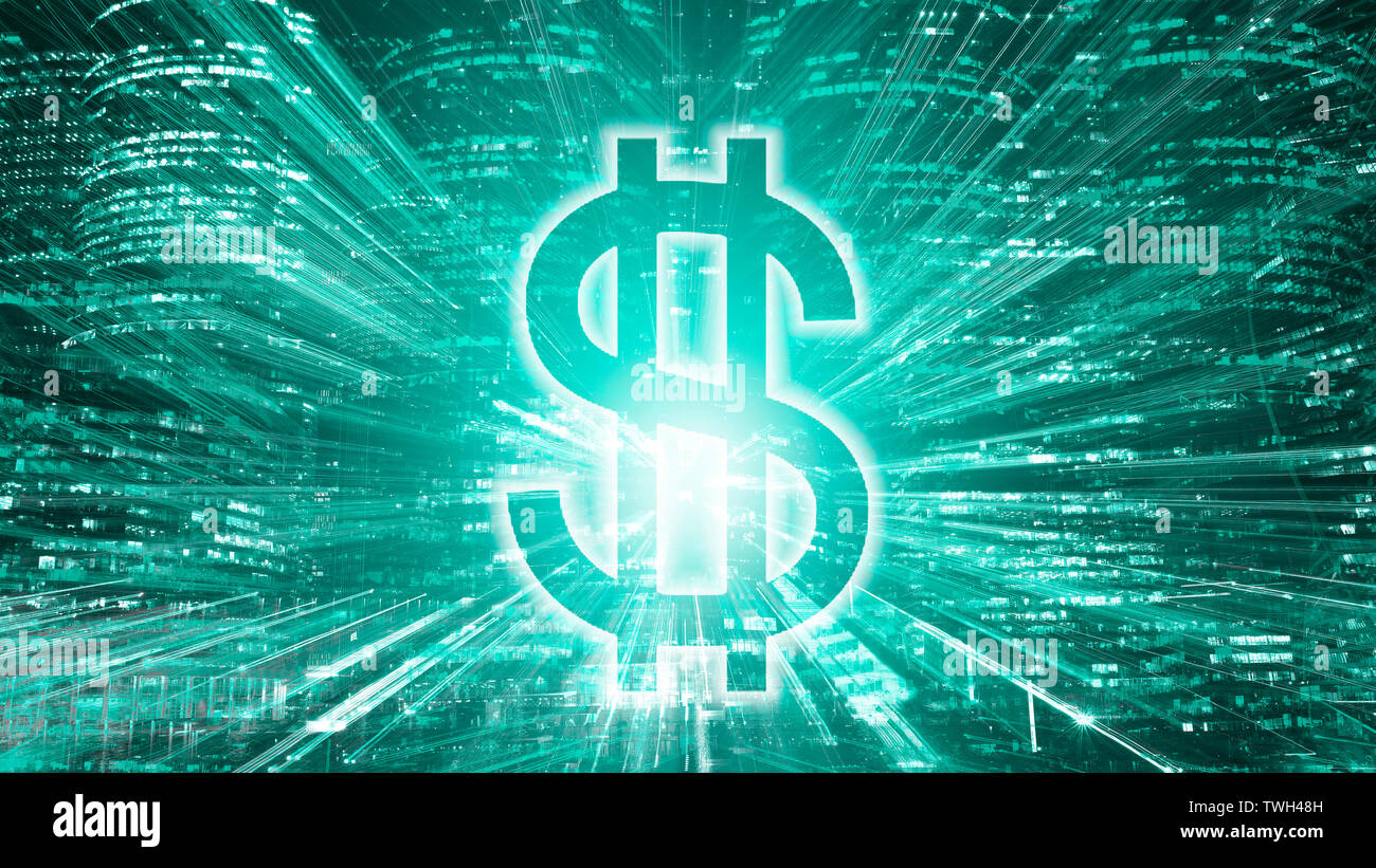 Nous lumineux signe dollar sur fond de la ville de nuit. Effet de zoom. Banque D'Images