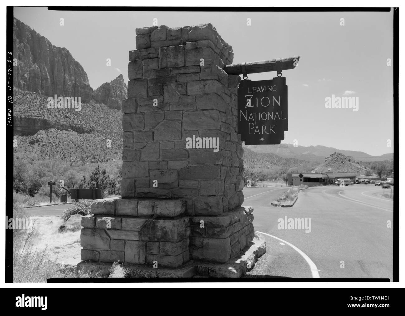 Signe de la marche arrière, plein sud - Entrée Sud signe, Zion-Mt. Carmel autoroute à la frontière du parc sud, Springdale, comté de Washington, UT ; Grogan, Brian C, photographe Banque D'Images