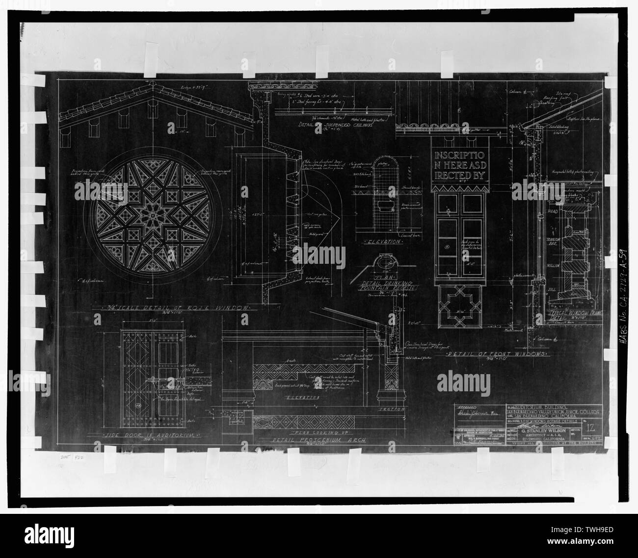 Rosaces et autres détails. San Bernardino Valley Union Junior College, de l'Auditorium Building. Rose ; fontaine ; windows avant alcôve ; arc de scène ; l'étape porte. Stanley G. Wilson, Architecte, A.I.A., Riverside, Californie. Feuille 12, job no. 692. Diverses échelles. Le 27 mars 1936. Application no. 1446, approuvé par l'État de Californie, ministère des Travaux publics, Division de l'architecture, le 22 avril 1936. - San Bernardino Valley College, Auditorium, 701 South Mount Vernon Avenue, San Bernardino, San Bernardino County, CA Banque D'Images