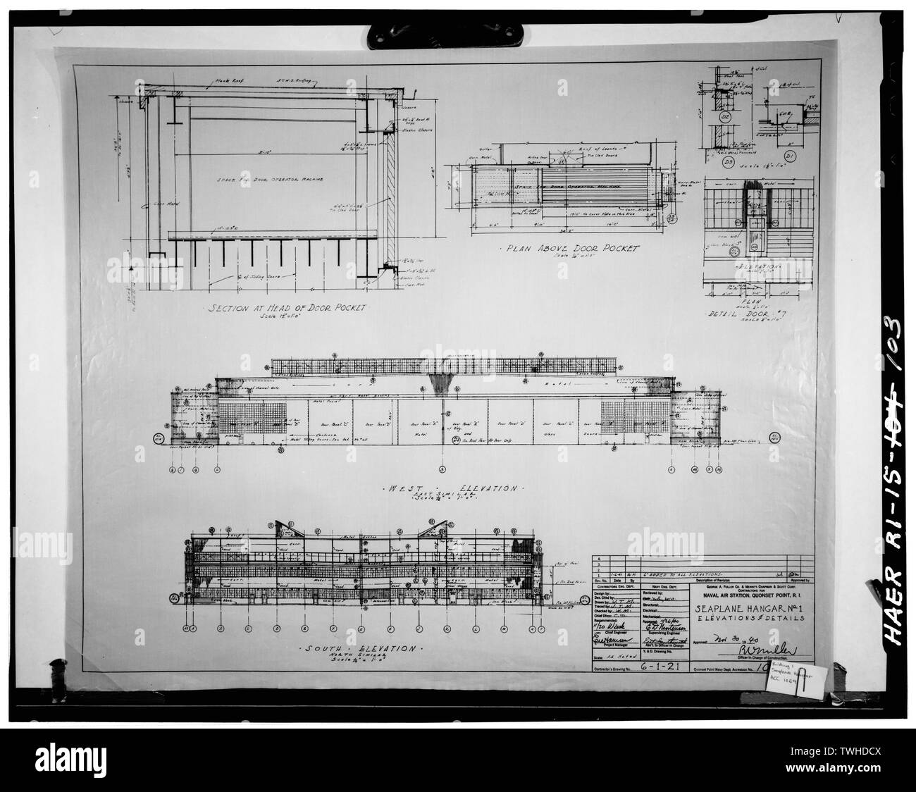 HANGAR d'hydravions (bâtiment 1), élévations et détails, FULLER-SCOTT, le 30 novembre 1940. ACC 1069 QP. - Quonset Point Naval Air Station, Roger Williams Way, North Kingstown, comté de Washington, RI ; Albert Kahn,Incorporated ; George Fuller Company ; UNE Merritt-Chapman et Scott Corporation Banque D'Images