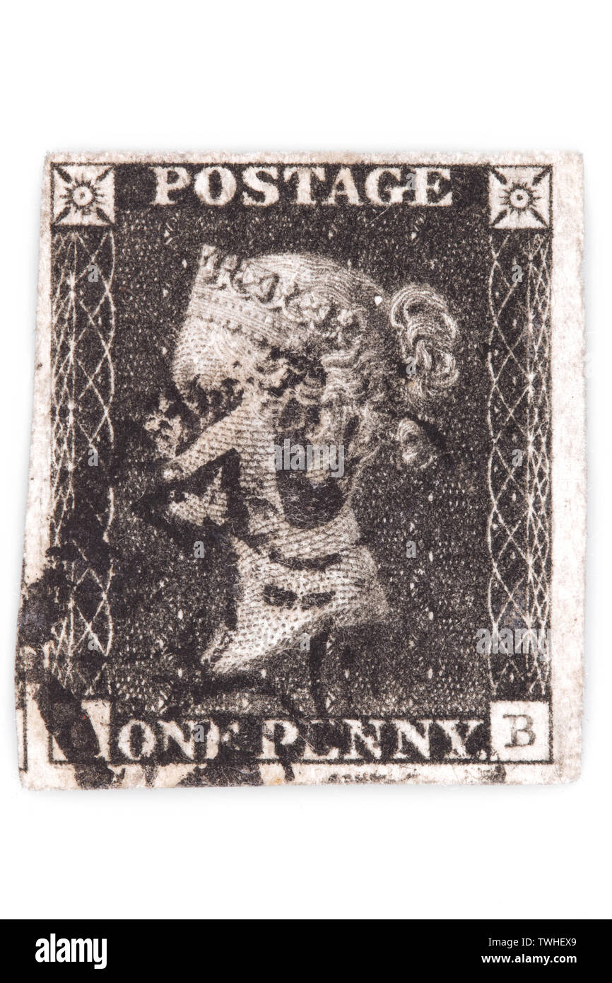La plaque 5 Penny Black avec Manchester noir cross annulation isolé sur fond blanc. C'est le premier timbre adhésif. Banque D'Images