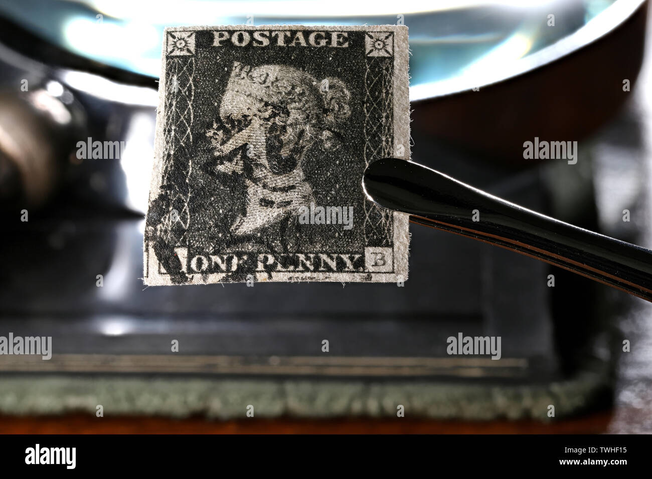 La plaque 5 penny black noir avec croix de Manchester l'annulation. C'est le premier timbre adhésif. Banque D'Images