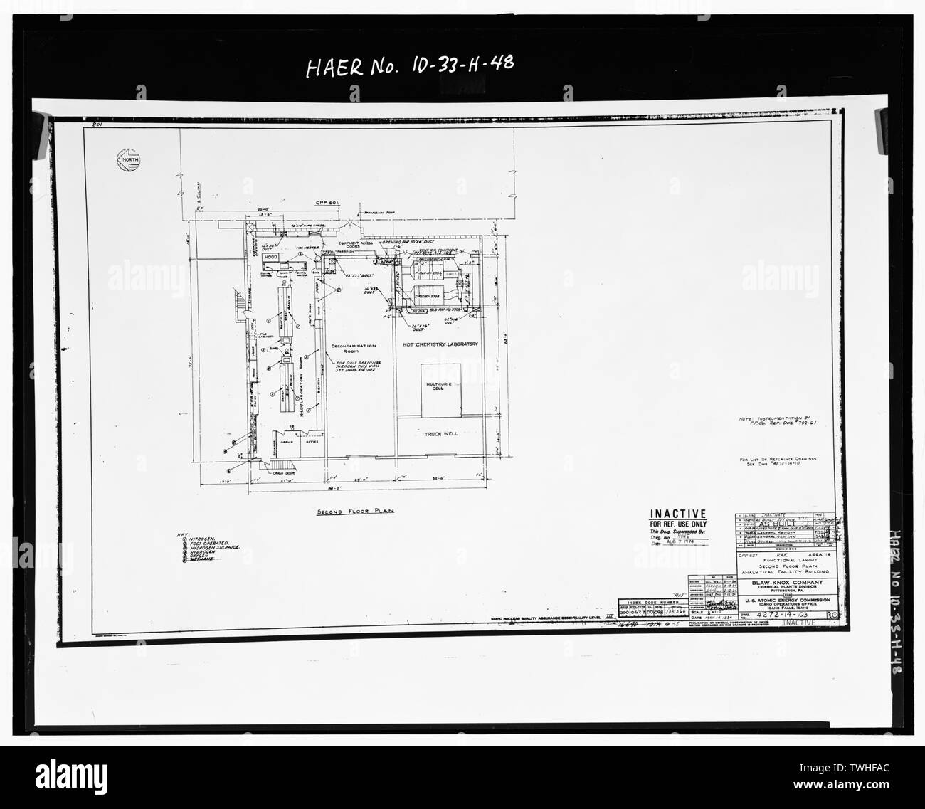 Deuxième PLAN DE L'INSTALLATION D'ANALYSE À DISTANCE (RPC-627) LABORATOIRE CHAUD, salle de bain salle de décontamination, LABORATOIRE DE CHIMIE, ET MULTICURIE CHAMBRE CELLULE. L'INL DESSIN NUMÉRO 200-0627-00-098-105066. Numéro ID de remplacement 4272-14-103. - Idaho National Engineering Laboratory, Idaho, usine de traitement chimique complexe de retraitement du combustible, Scoville, comté de Butte, ID Banque D'Images
