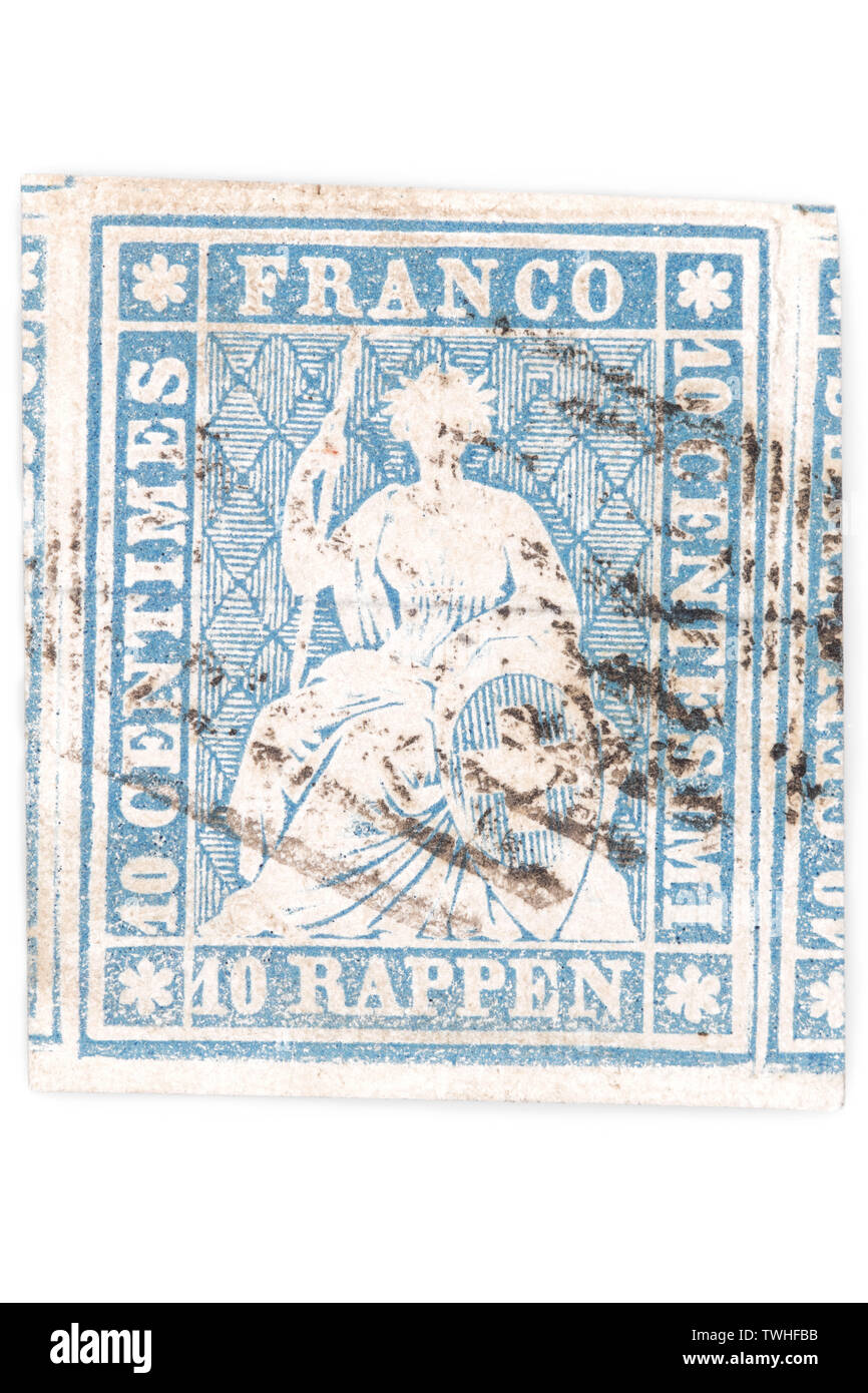 10 centimes suisses Strubel stamp isolé sur fond blanc. Banque D'Images