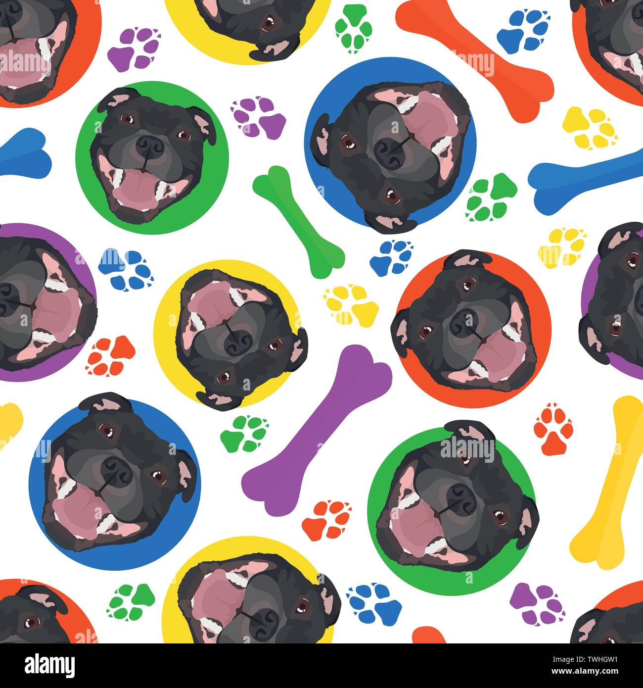 Coloré et amusant Staffordshire Bull Terrier - Seamless pattern avec illustration ludique d'un chien. Le smiling dog est un grand cadeau pour les amateurs de chiens Illustration de Vecteur