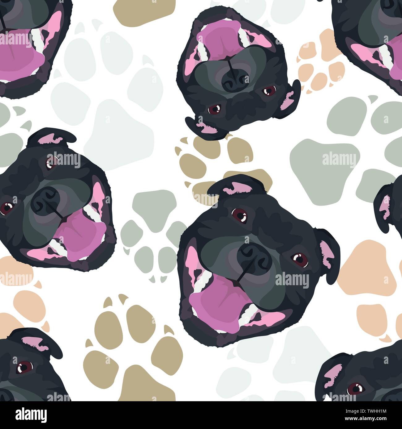 Motif pattes de chien Staffordshire Bull Terrier - Seamless pattern avec illustration ludique d'un chien et d'empreintes. Le smiling dog est un grand don pour Illustration de Vecteur