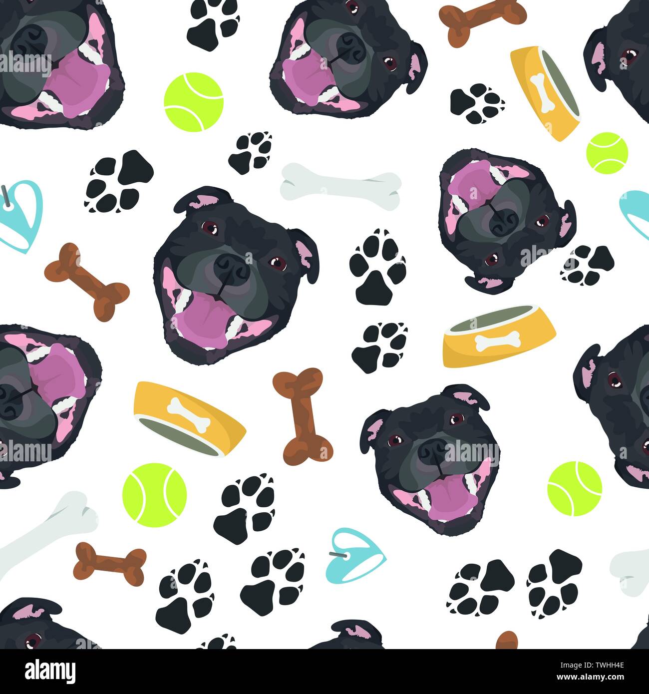 Smiling Chien Staffordshire Bull Terrier - Seamless pattern avec illustration ludique d'un chien et d'empreintes. Le smiling dog est un grand cadeau pour chien o Illustration de Vecteur