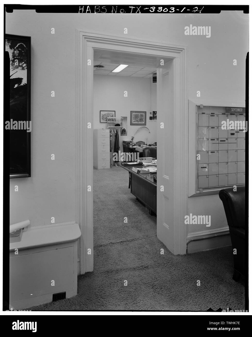 Deuxième étage, Aile sud, Pièce 209, Détail montrant le travail du bois et l'ÉPAISSEUR DES MURS - Fort Sam Houston, San Antonio Quartermaster Depot, angle nord-ouest de New Braunfels Avenue et Grayson Street, San Antonio, TX, Comté de Bexar Banque D'Images