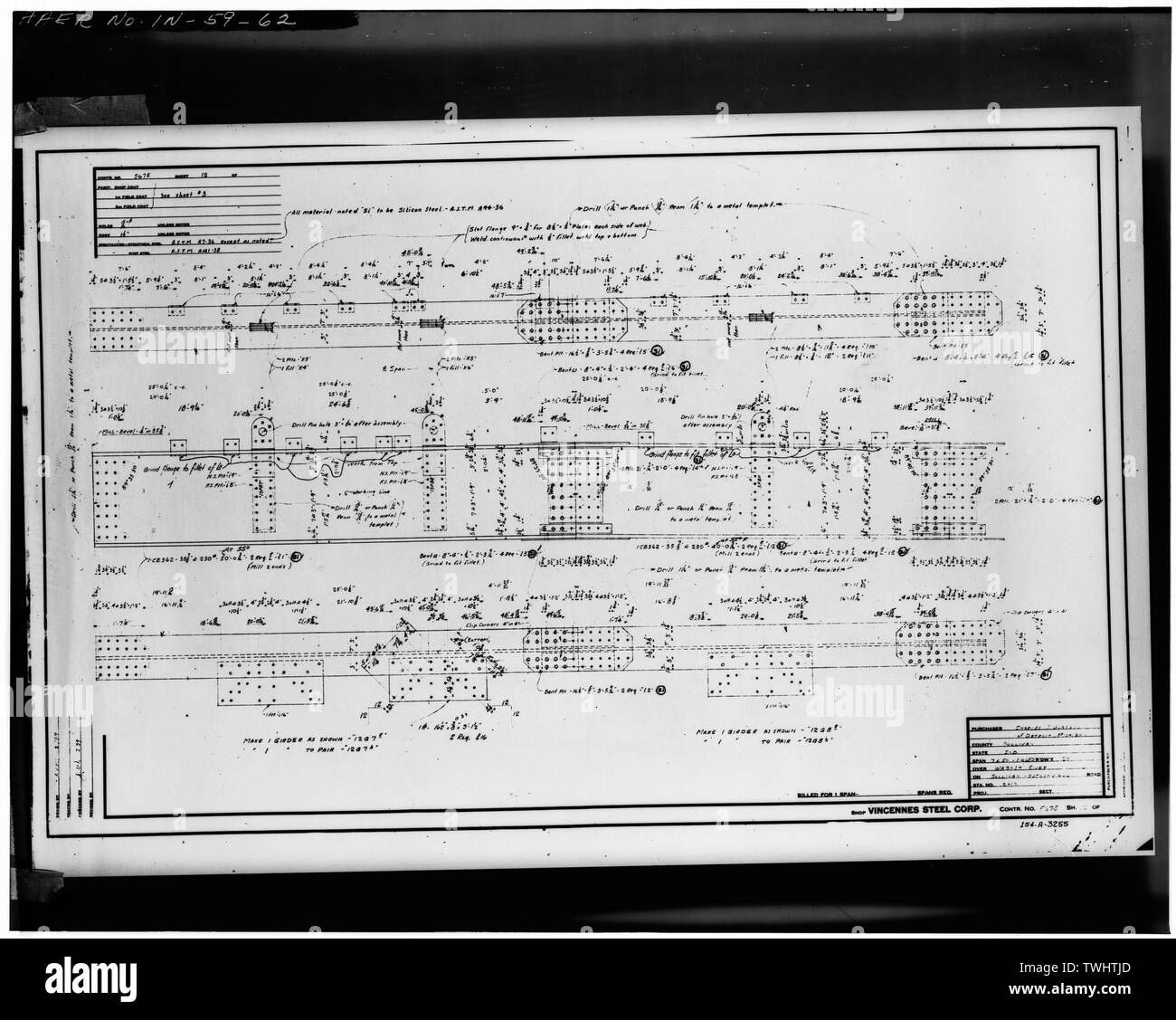 PLAN DE FABRICATION POUR L'acier de construction (fiche n° 12) - Hutsonville, pont enjambant la rivière Wabash sur la State Route 154, in Graysville, Sullivan County, dans ; Milbank, R V ; Robinson et Steinman ; Pont du Wisconsin et de fer ; l'entreprise Vincennes Steel Corporation ; Glasgow, Charles J Banque D'Images