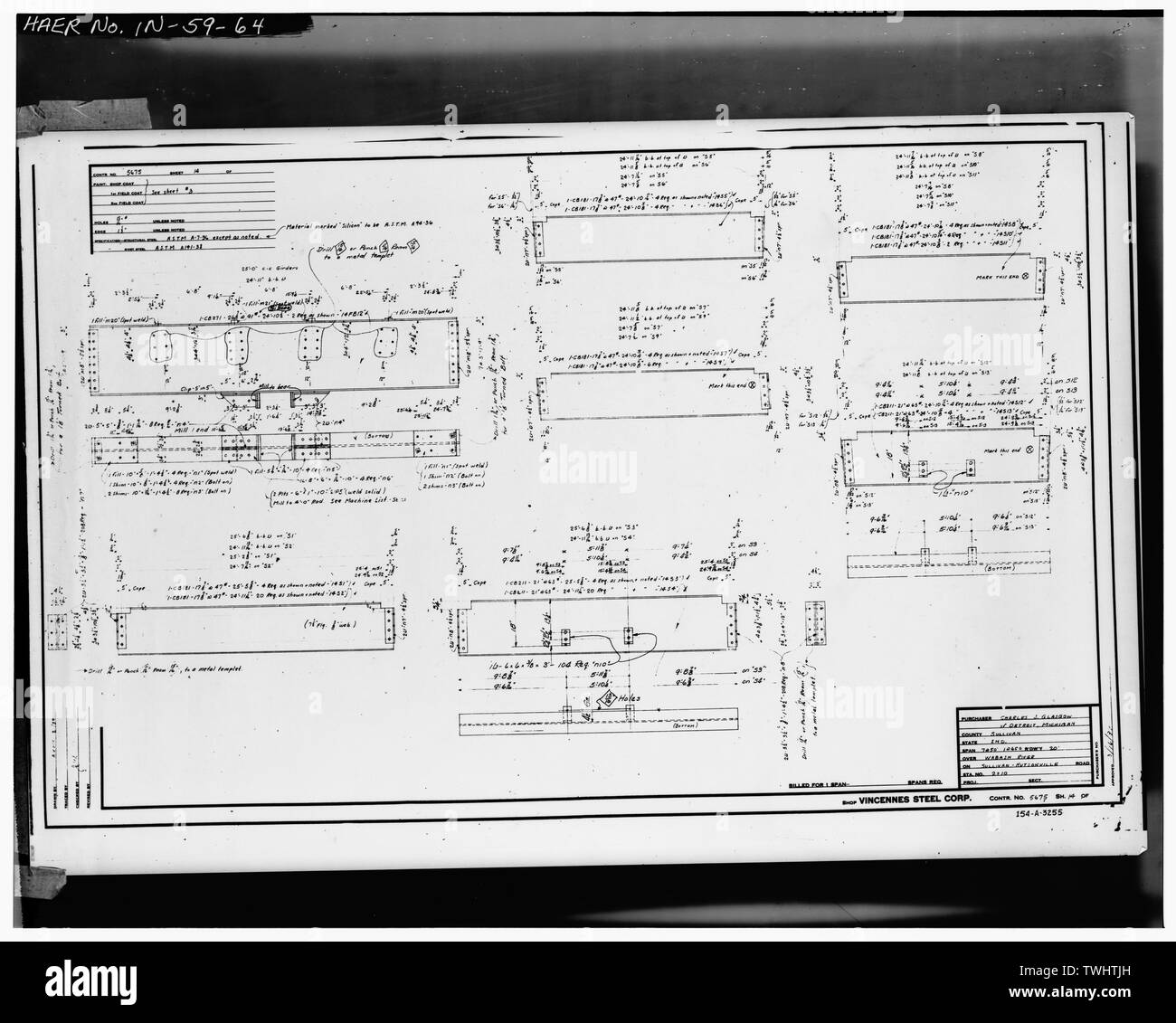 PLAN DE FABRICATION POUR L'acier de construction (fiche n° 14) - Hutsonville, pont enjambant la rivière Wabash sur la State Route 154, in Graysville, Sullivan County, dans ; Milbank, R V ; Robinson et Steinman ; Pont du Wisconsin et de fer ; l'entreprise Vincennes Steel Corporation ; Glasgow, Charles J Banque D'Images