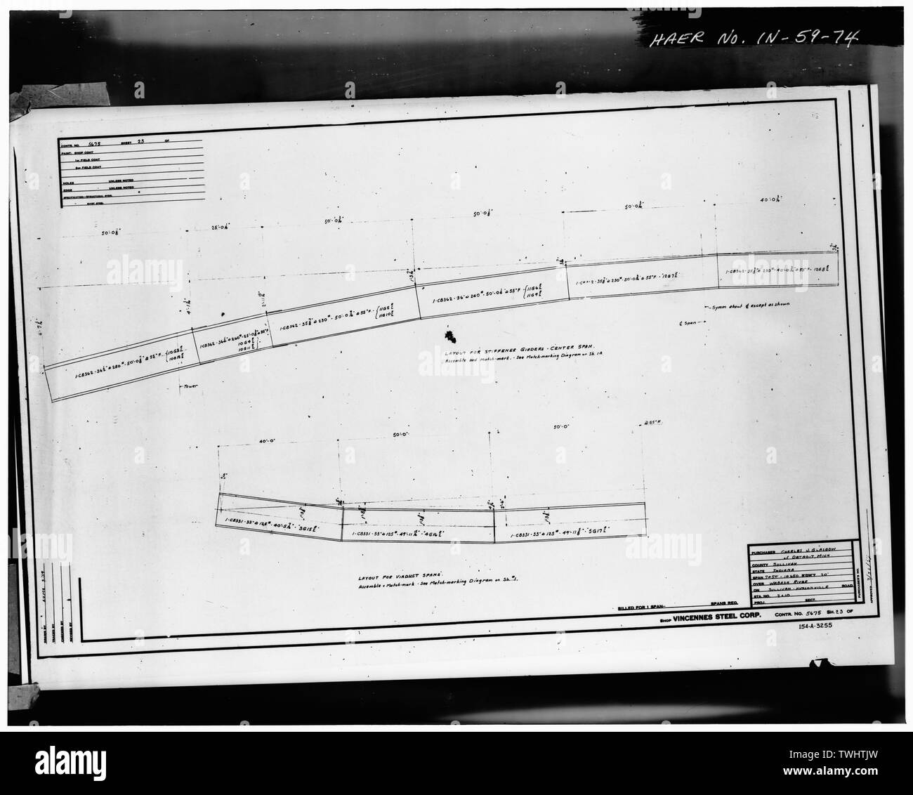 PLAN DE FABRICATION - MISE EN PAGE POUR LES RENFORTS, ajourées, CENTRE SPAN ET VIADUC ENJAMBE (fiche n° 23) - Hutsonville, pont enjambant la rivière Wabash sur la State Route 154, in Graysville, Sullivan County, dans ; Milbank, R V ; Robinson et Steinman ; Pont du Wisconsin et de fer ; l'entreprise Vincennes Steel Corporation ; Glasgow, Charles J Banque D'Images