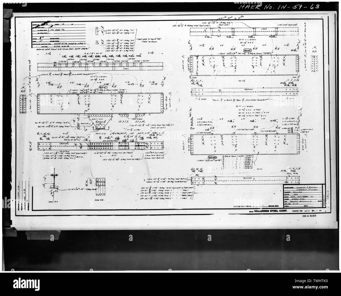 PLAN DE FABRICATION POUR L'ACIER (No 13) - Hutsonville, pont enjambant la rivière Wabash sur la State Route 154, in Graysville, Sullivan County, dans ; Milbank, R V ; Robinson et Steinman ; Pont du Wisconsin et de fer ; l'entreprise Vincennes Steel Corporation ; Glasgow, Charles J Banque D'Images