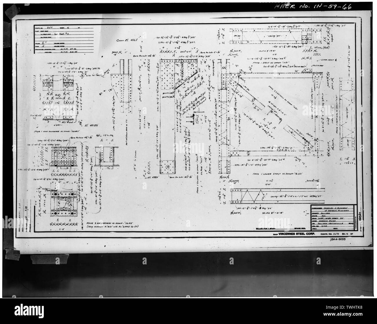 PLAN DE FABRICATION POUR L'acier de construction (fiche n° 16) - Hutsonville, pont enjambant la rivière Wabash sur la State Route 154, in Graysville, Sullivan County, dans ; Milbank, R V ; Robinson et Steinman ; Pont du Wisconsin et de fer ; l'entreprise Vincennes Steel Corporation ; Glasgow, Charles J Banque D'Images