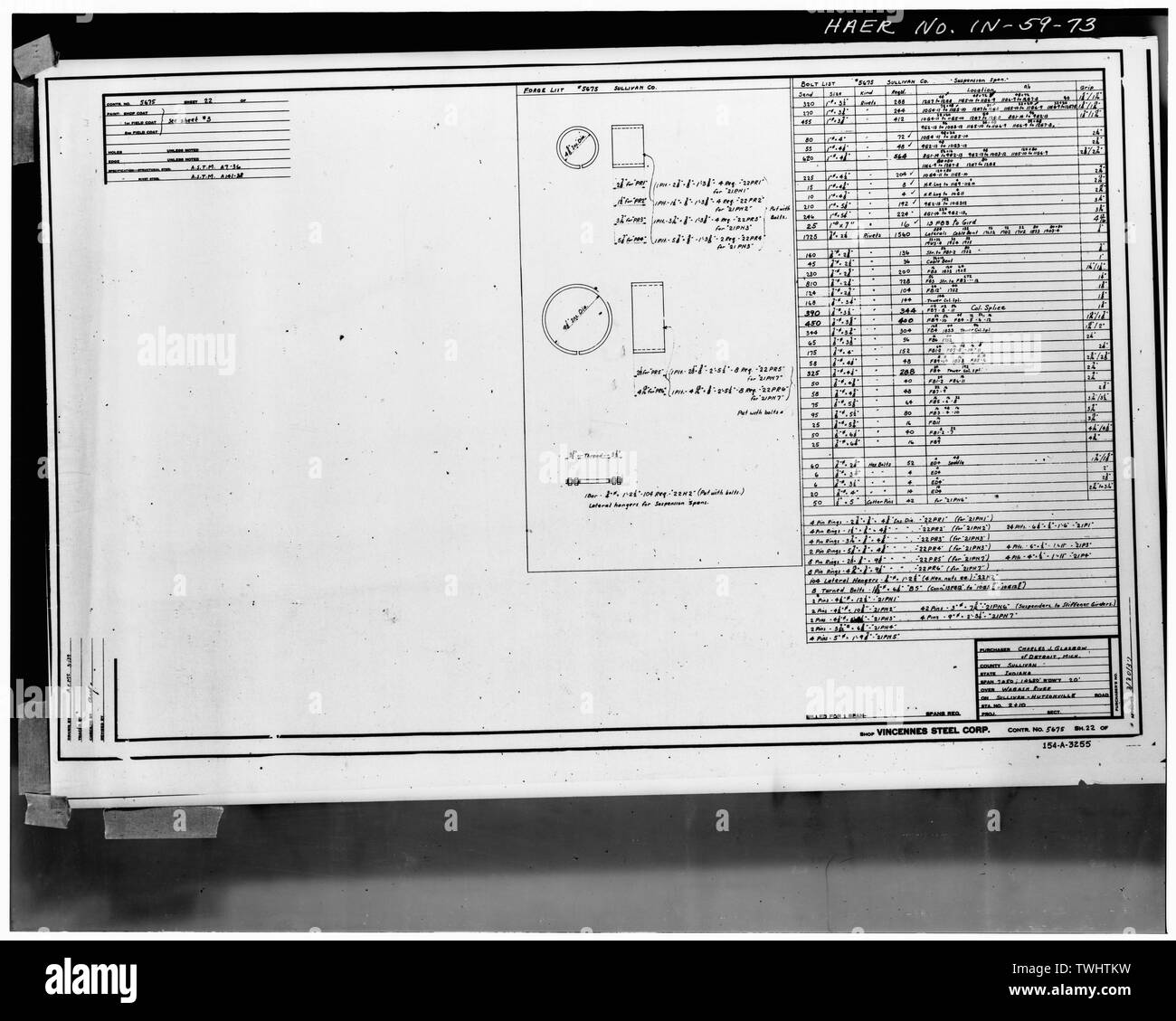 SHOP PLAN POUR CINTRE LATÉRAL (feuille annexe n° 22) - Hutsonville, pont enjambant la rivière Wabash sur la State Route 154, in Graysville, Sullivan County, dans ; Milbank, R V ; Robinson et Steinman ; Pont du Wisconsin et de fer ; l'entreprise Vincennes Steel Corporation ; Glasgow, Charles J Banque D'Images